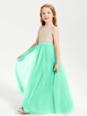 Robe Longue de Demoiselle d'Honneur Junior avec Haut en Paillettes et Jupe en Tulle Turquoise