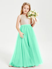 Robe Longue de Demoiselle d'Honneur Junior avec Haut en Paillettes et Jupe en Tulle Turquoise