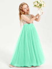 Robe Longue de Demoiselle d'Honneur Junior avec Haut en Paillettes et Jupe en Tulle Turquoise