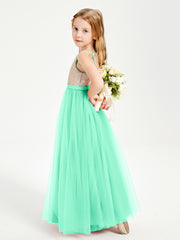 Robe Longue de Demoiselle d'Honneur Junior avec Haut en Paillettes et Jupe en Tulle Turquoise