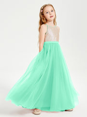 Robe Longue de Demoiselle d'Honneur Junior avec Haut en Paillettes et Jupe en Tulle Turquoise