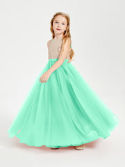 Robe Longue de Demoiselle d'Honneur Junior avec Haut en Paillettes et Jupe en Tulle Turquoise
