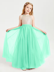 Robe Longue de Demoiselle d'Honneur Junior avec Haut en Paillettes et Jupe en Tulle Turquoise