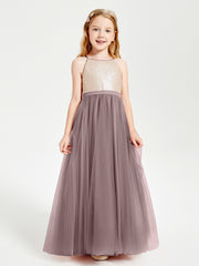 Robe Longue de Demoiselle d'Honneur Junior avec Haut en Paillettes et Jupe en Tulle Vintage Mauve
