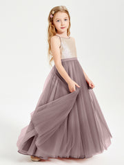 Robe Longue de Demoiselle d'Honneur Junior avec Haut en Paillettes et Jupe en Tulle Vintage Mauve