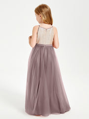 Robe Longue de Demoiselle d'Honneur Junior avec Haut en Paillettes et Jupe en Tulle Vintage Mauve