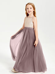 Robe Longue de Demoiselle d'Honneur Junior avec Haut en Paillettes et Jupe en Tulle Vintage Mauve