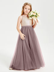 Robe Longue de Demoiselle d'Honneur Junior avec Haut en Paillettes et Jupe en Tulle Vintage Mauve