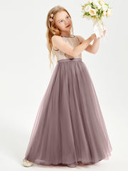 Robe Longue de Demoiselle d'Honneur Junior avec Haut en Paillettes et Jupe en Tulle Vintage Mauve