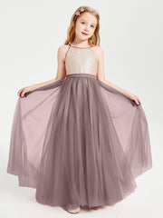Robe Longue de Demoiselle d'Honneur Junior avec Haut en Paillettes et Jupe en Tulle Vintage Mauve