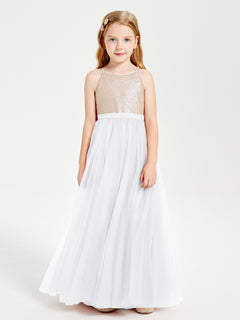 Robe Longue de Demoiselle d'Honneur Junior avec Haut en Paillettes et Jupe en Tulle Blanc