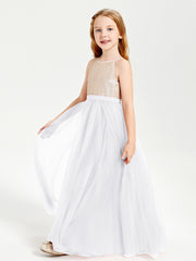 Robe Longue de Demoiselle d'Honneur Junior avec Haut en Paillettes et Jupe en Tulle Blanc