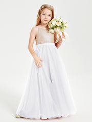 Robe Longue de Demoiselle d'Honneur Junior avec Haut en Paillettes et Jupe en Tulle Blanc