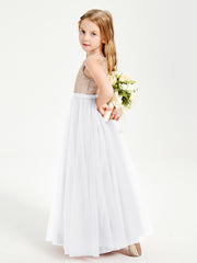 Robe Longue de Demoiselle d'Honneur Junior avec Haut en Paillettes et Jupe en Tulle Blanc