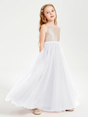Robe Longue de Demoiselle d'Honneur Junior avec Haut en Paillettes et Jupe en Tulle Blanc