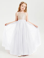 Robe Longue de Demoiselle d'Honneur Junior avec Haut en Paillettes et Jupe en Tulle Blanc