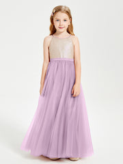 Robe Longue de Demoiselle d'Honneur Junior avec Haut en Paillettes et Jupe en Tulle Glycine