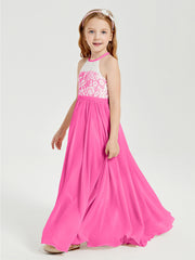 Robes de Demoiselle d'Honneur Longues en Mousseline avec Haut en Dentelle Azalée