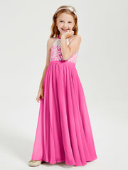 Robes de Demoiselle d'Honneur Longues en Mousseline avec Haut en Dentelle Azalée