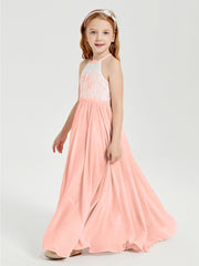 Robes de Demoiselle d'Honneur Longues en Mousseline avec Haut en Dentelle Corail