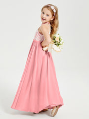 Robes de Demoiselle d'Honneur Longues en Mousseline avec Haut en Dentelle Flamant