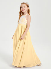 Robes de Demoiselle d'Honneur Longues en Mousseline avec Haut en Dentelle Or