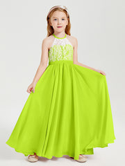 Robes de Demoiselle d'Honneur Longues en Mousseline avec Haut en Dentelle Vert Citron