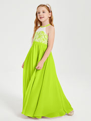 Robes de Demoiselle d'Honneur Longues en Mousseline avec Haut en Dentelle Vert Citron