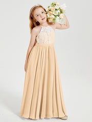 Robes de Demoiselle d'Honneur Longues en Mousseline avec Haut en Dentelle Pêche