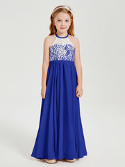 Robes de Demoiselle d'Honneur Longues en Mousseline avec Haut en Dentelle Bleu Royale