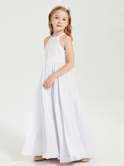 Robes de Demoiselle d'Honneur Longues en Mousseline avec Haut en Dentelle Blanc