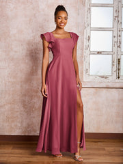 Robe en Mousseline à Col Carré et Dos Nu avec Manches Flottantes et Fente Cannelle Rose