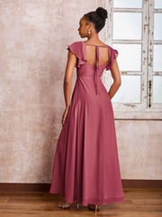 Robe en Mousseline à Col Carré et Dos Nu avec Manches Flottantes et Fente Cannelle Rose