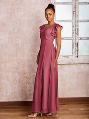 Robe en Mousseline à Col Carré et Dos Nu avec Manches Flottantes et Fente Cannelle Rose