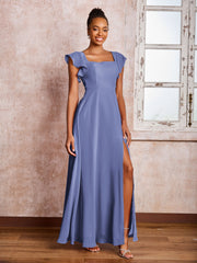 Robe en Mousseline à Col Carré et Dos Nu avec Manches Flottantes et Fente Pervenche