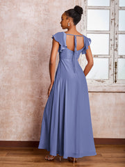 Robe en Mousseline à Col Carré et Dos Nu avec Manches Flottantes et Fente Pervenche