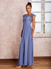 Robe en Mousseline à Col Carré et Dos Nu avec Manches Flottantes et Fente Pervenche