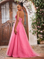 Maxi Robe de Bal Appliquée avec Corset en Tulle et Dentelle à Col Licou Azalée