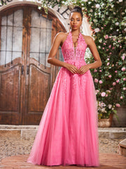 Maxi Robe de Bal Appliquée avec Corset en Tulle et Dentelle à Col Licou Azalée