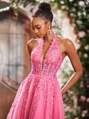 Maxi Robe de Bal Appliquée avec Corset en Tulle et Dentelle à Col Licou Azalée