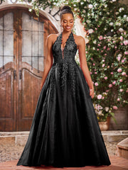 Maxi Robe de Bal Appliquée avec Corset en Tulle et Dentelle à Col Licou Noir