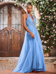 Maxi Robe de Bal Appliquée avec Corset en Tulle et Dentelle à Col Licou Bleu