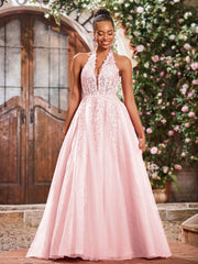 Maxi Robe de Bal Appliquée avec Corset en Tulle et Dentelle à Col Licou Rose Pâle