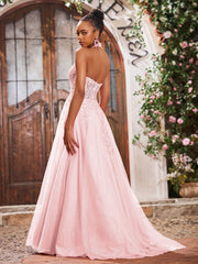 Maxi Robe de Bal Appliquée avec Corset en Tulle et Dentelle à Col Licou Rose Pâle