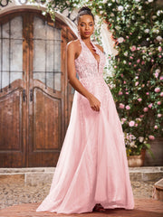 Maxi Robe de Bal Appliquée avec Corset en Tulle et Dentelle à Col Licou Rose Pâle