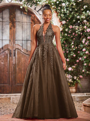 Maxi Robe de Bal Appliquée avec Corset en Tulle et Dentelle à Col Licou Brun