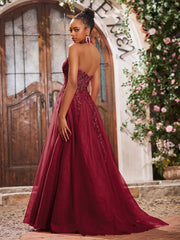 Maxi Robe de Bal Appliquée avec Corset en Tulle et Dentelle à Col Licou Bordeaux