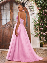 Maxi Robe de Bal Appliquée avec Corset en Tulle et Dentelle à Col Licou Rose Bonbon