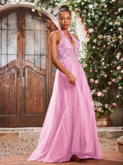 Maxi Robe de Bal Appliquée avec Corset en Tulle et Dentelle à Col Licou Rose Bonbon