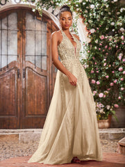 Maxi Robe de Bal Appliquée avec Corset en Tulle et Dentelle à Col Licou Champagne
